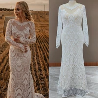 long sleeves lace country wedding dress backless vintage beach barn ranch plus size custom made 2021 mermaid rustic bride gown