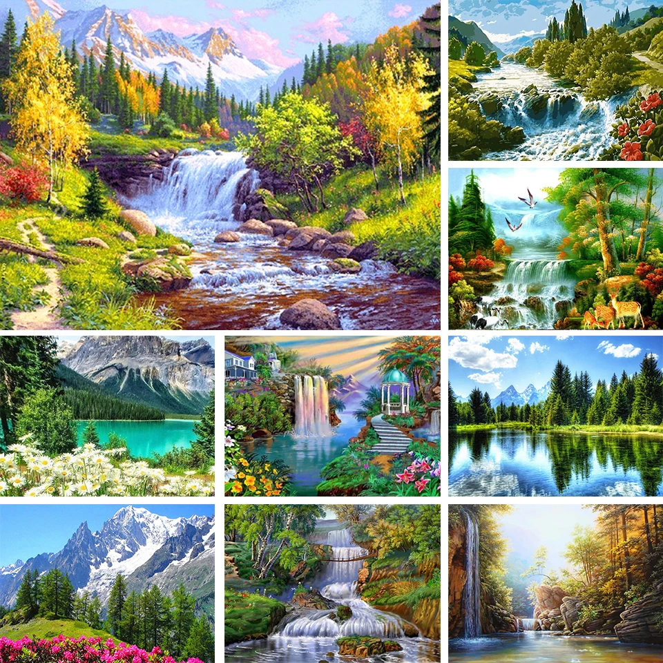 

DIY 5D Diamond Painting Kits Waterfall Mountain Landscape Set Full Round With AB Drill Embroidery Mosaic Rhinestones Home Decor