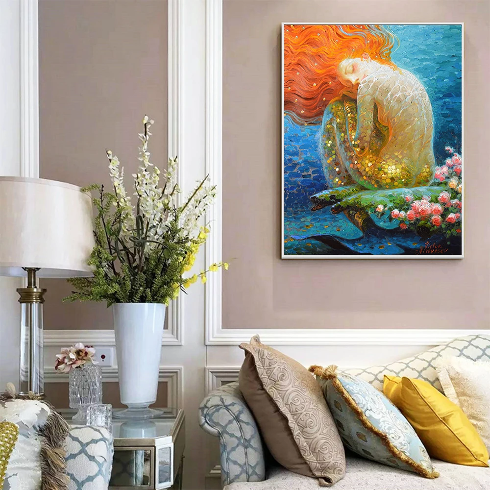 Fantasy Mermaid Oil Painting Vintage Canvas Poster Printed On For The Sitting Room Living Adornment Art Wall Decor | Дом и сад