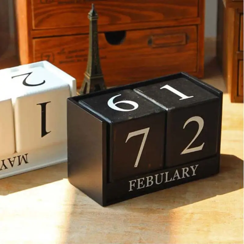 Large Vintage Wooden Perpetual Calendar Eternal Block Month Date Display Desk Accessory Photography Props Home Office Decoration |