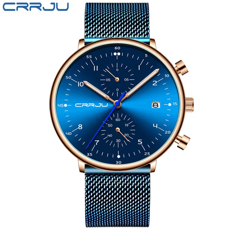 rose blue Relogio masculino CRRJU лучший бренд класса люкс мужские наручные часы из нержавеющей стали мужские водонепроницаемые кварцевые часы с календарем и хронографом - Цвет: rose blue