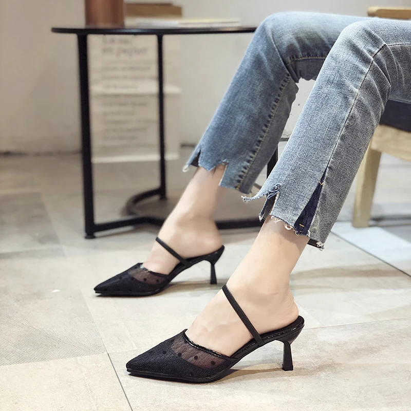 

Fashion 2019 Mesh Breathable pointed toe slides Woman Lady Summer high heels Slippers outdoor Women Shoes klapki damskie na lato