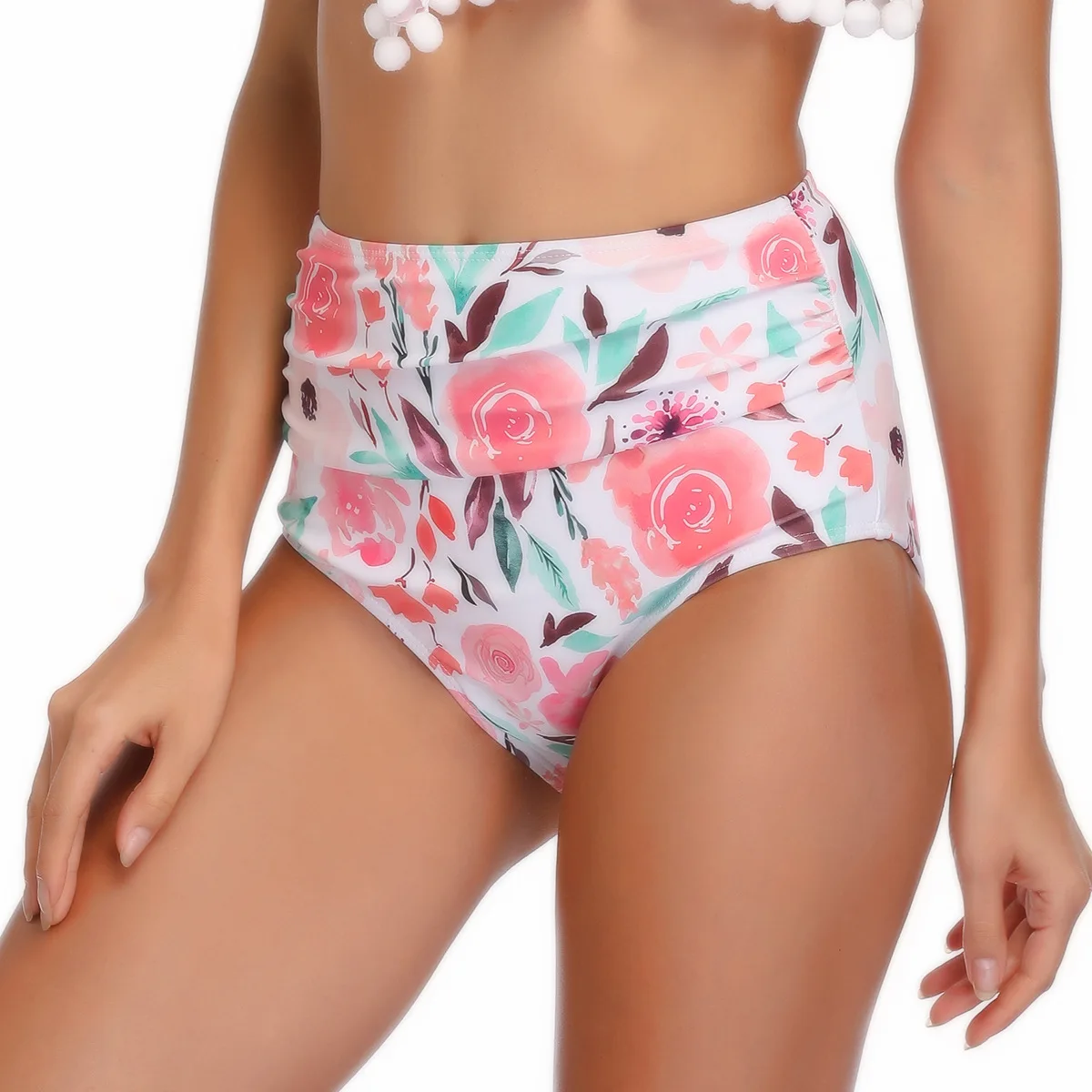 

Leaf Print Women's High-waisted Swimming Trunks Sexy Slimming Pattern Swimming Trunks Print High Waist Ruched Design Swim Panty