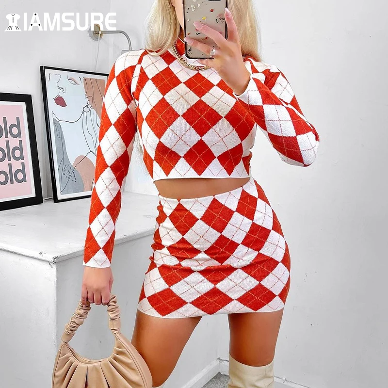 

IAMSURE Sexy Slim Plaid Dress Set Womeen Autumn Winter Casual 2 Piece Set Stand Collar Knitted Sweaters High Waisted Mini Skirts