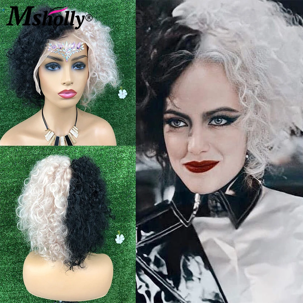 

Парик Cruella De Vil из человеческих волос 13x4, парик на сетке с челкой, без клея, бразильские вьющиеся волосы, парик из полуплатинового блондинка