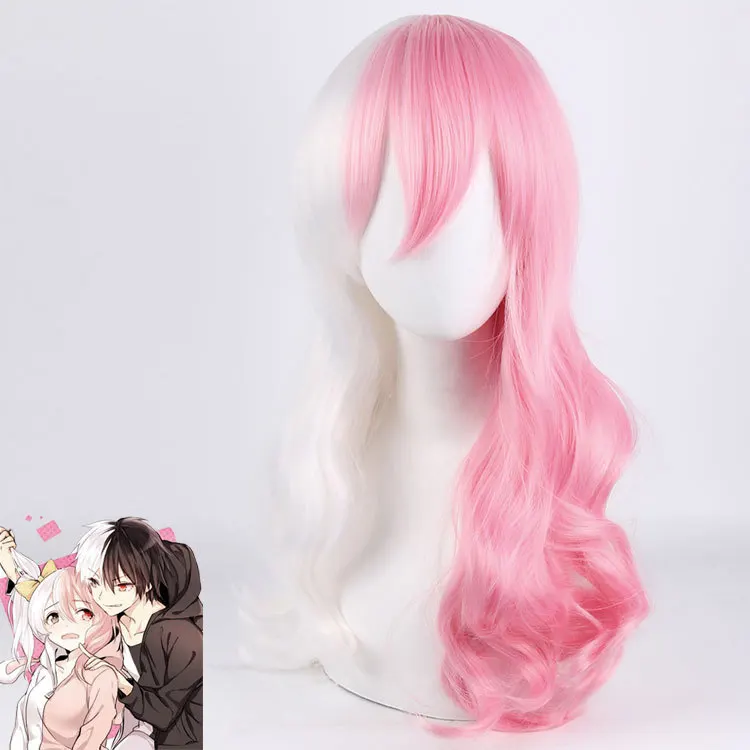 Monomi Women Long Wig White Powder Double Color Wig Anime Danganronpa Cosplay Hair Synthetic Cosplay Wig 70cm