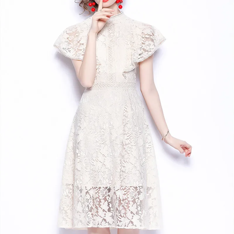 

Женское кружевное платье-трапеция, повседневное ажурное платье средней длины с высокой талией и оборками, тонкое платье с круглым вырезом и вышивкой, лето
