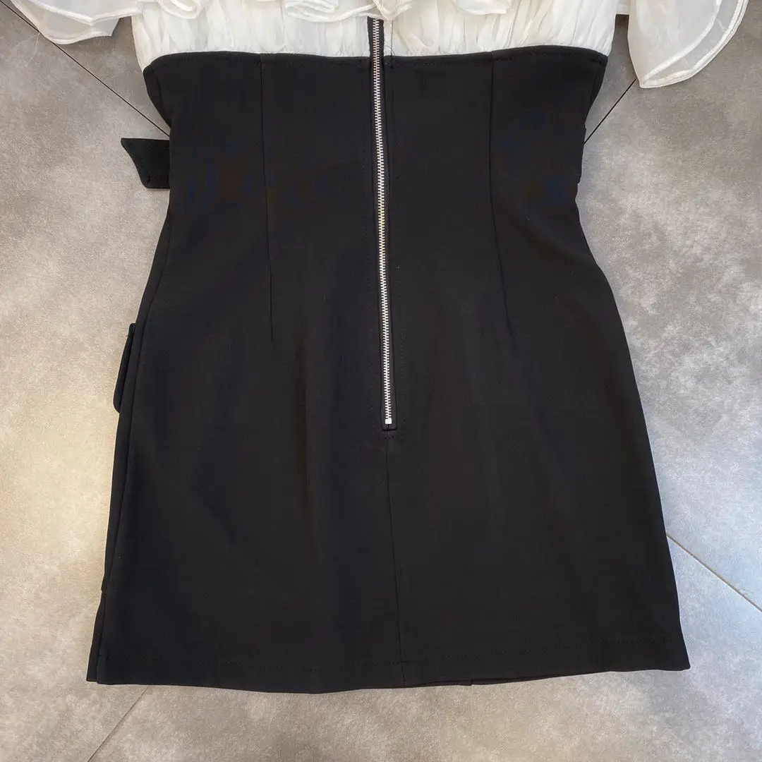 

ZCSMLL 2021 summer split white rufles dresses shoulder sleeves hit color belt buckle waist thin temperament woman dress