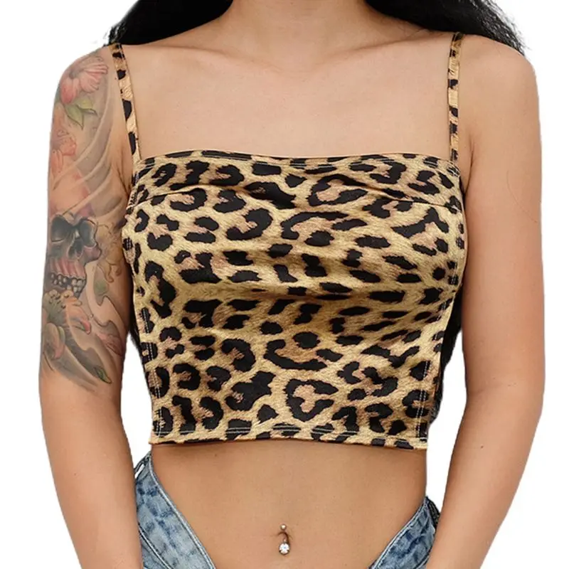 

Women Sexy Spaghetti Strap Girls Faux Leather Crisscross Bandage Crop Top Leopard Print Backless Club Camis Temperament Vest