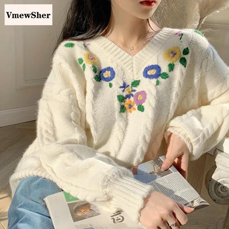 

VmewSher New Embroidery Women Sweater Spring Autumn V Neck Flower Long Sleeve Female Knitted Pullover Beige Sweet Jumper Tops
