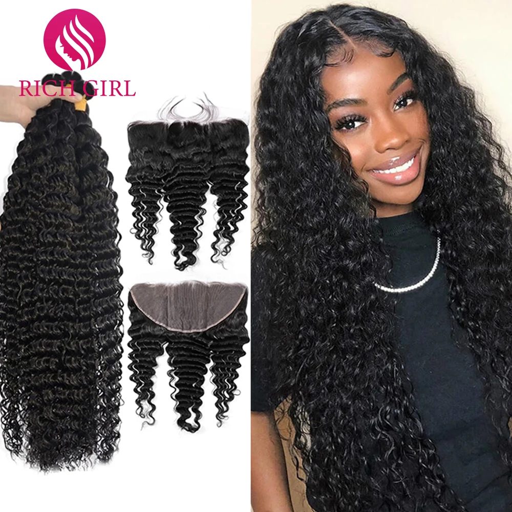 Deep Wave Brazilian Hair Weave 3/4 Bundles With 13X4 Transparent Lace Frontal Water Wave Curly Human Hair Bundles With Frontal