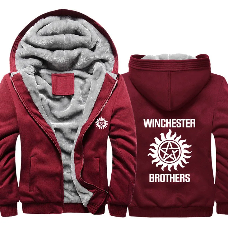 

Supernatural winchester brothers Print Hoodies Mens Winter High Quality Warm Thicken Fleece Zipper Sweatshirt Coat Hoody Male
