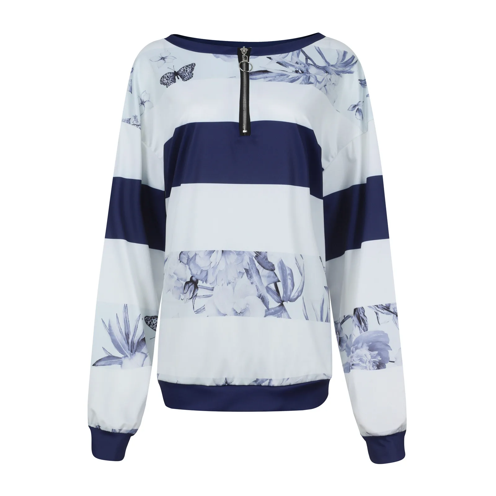 Women Striped Floral Print Hoodie Stitching Zip Long Sleeve Pullover Sweatshirt Streetwear Women Oversized Hoodies Sudaderas