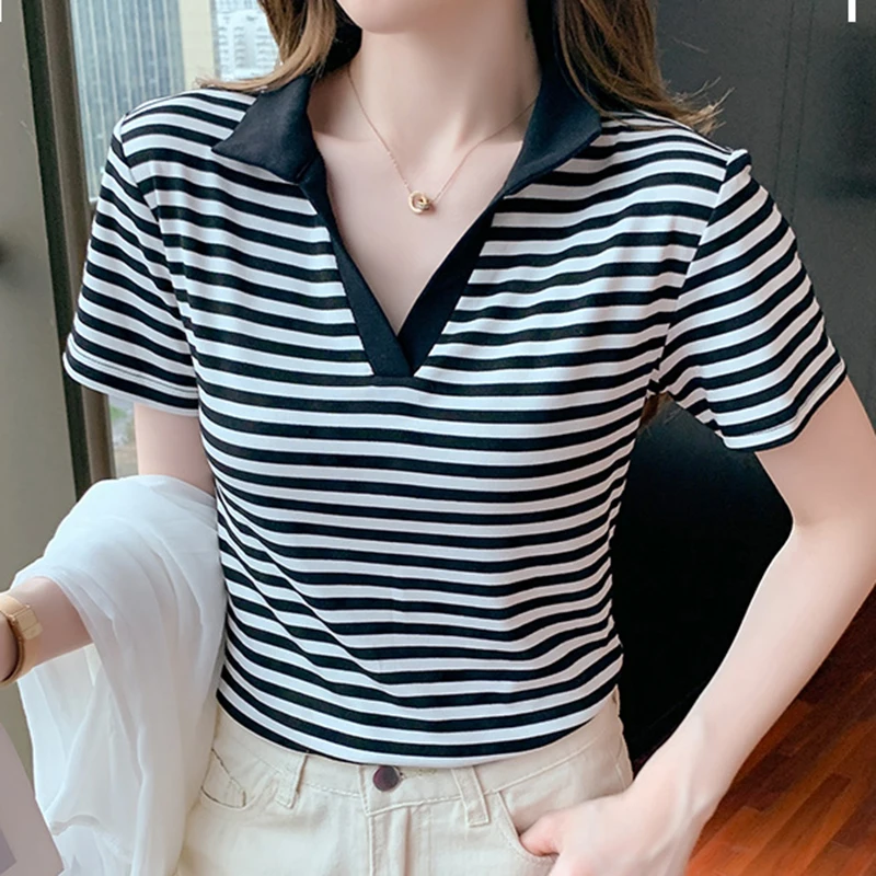 

LJSXLS Cotton Striped T Shirt Women New Turn-down Collar Short Sleeve Tshirt Female Tops Summer Korean Clothes For Women 2022