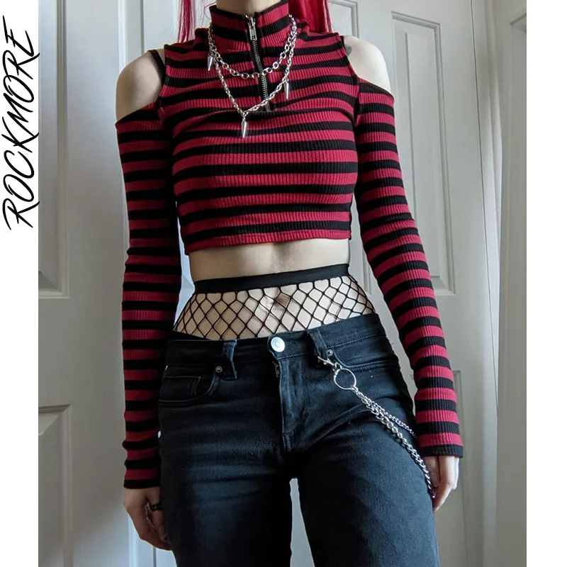 

Rockmore Striped Print T-shirt Women Sexy Bare Shoulders Long Sleeve Crop Tops Spring Chic Basic Turtleneck Tee Shirts Fairycore
