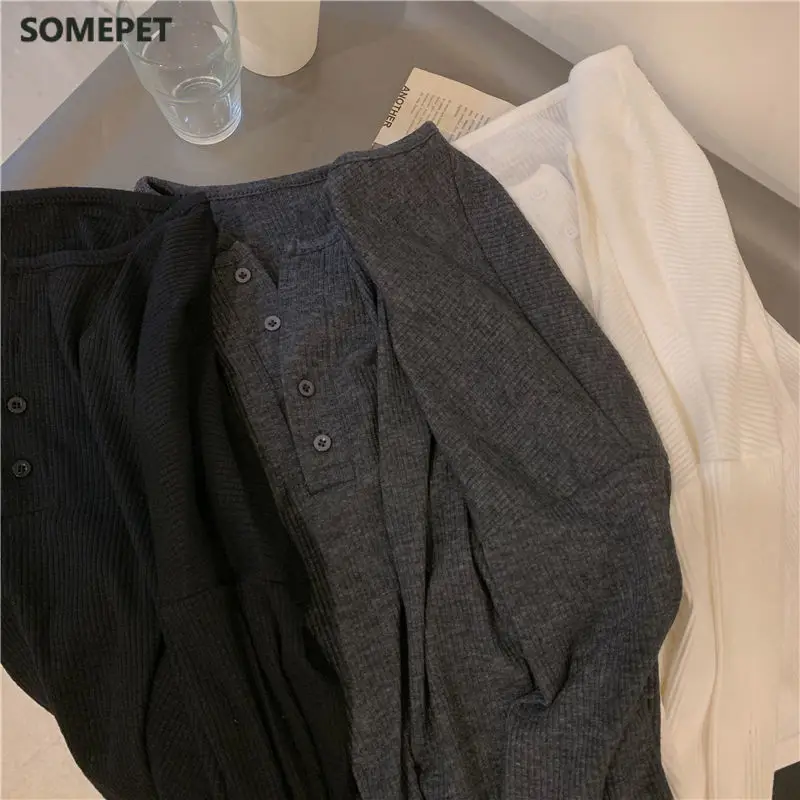 

Long Sleeve T-shirts Women Elegant Simple Pure Button Design Retro Ins Autumn Ladies Tees Top All-match BF Style Mujer Clothes