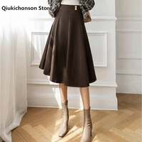 qiukichonson autumn winter woolen skirt women korean fashion elegant ladies high waist a line long skirts black robe femme hiver