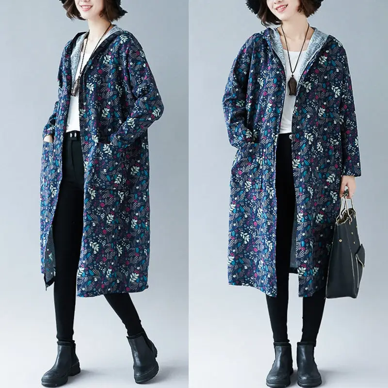 

Autumn Long Windbreaker Jacket Retro Loose Floral Hooded Cardigan Plus Size Women's Clothing Fashion Casual Print Lady Coat k486