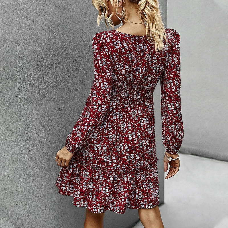 NORMOV Square Collar Floral Dress Women Autumn Winter Mini Casual Dresses Long Sleeve A-line Ruffles | Женская одежда