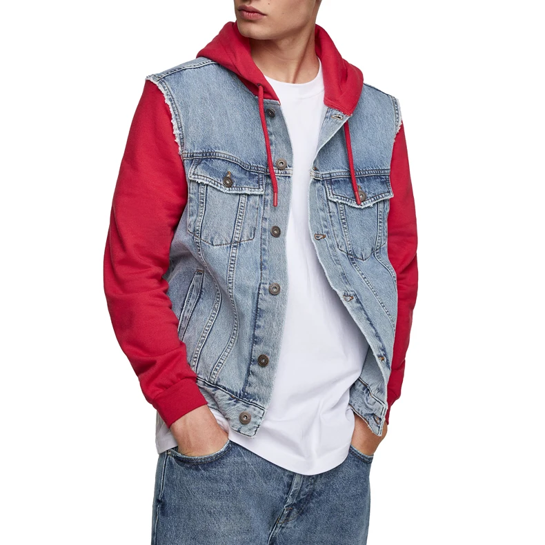 

Cut and sew fabric block streetwear jacket jean denim hoodie for men