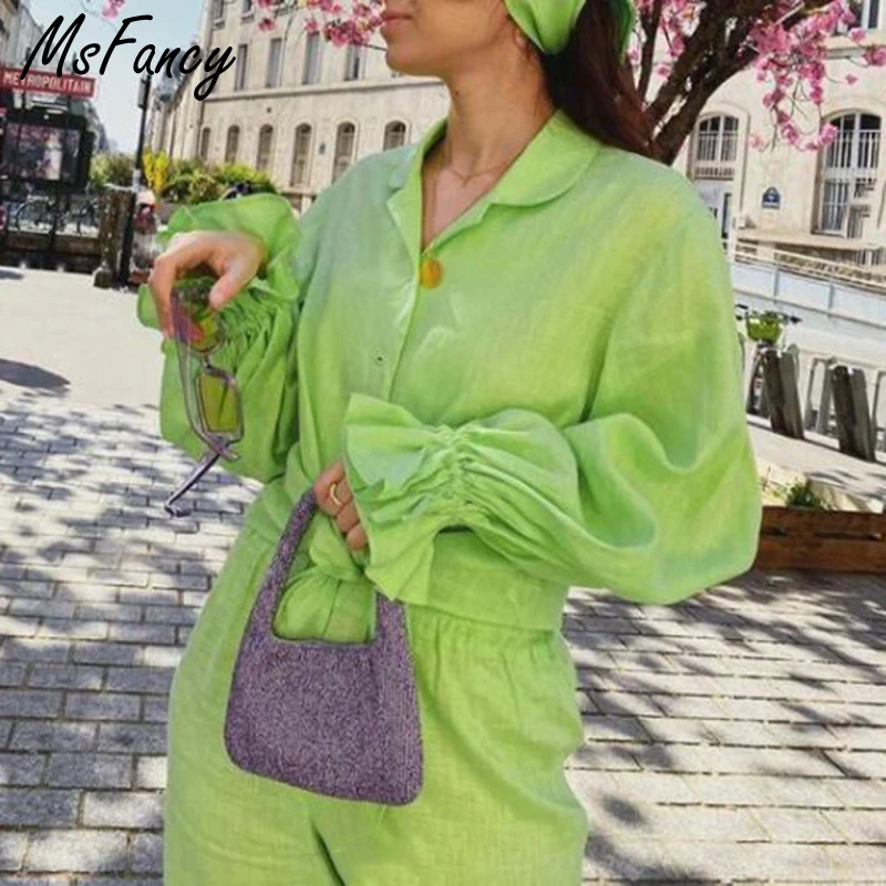 

Msfancy Cotton Pant Sets Women Fall Green Flare Sleeve Shirt High Waist Wide Leg Trouser 2021 Female Casual 2 Piece Sets