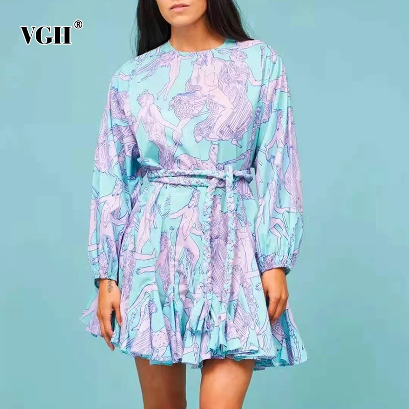 

VGH Print Lace Up Dress For Women O Neck Lantern Sleeve High Waist Hit Color Spring Dresses Female Fashion New Clothing 2021
