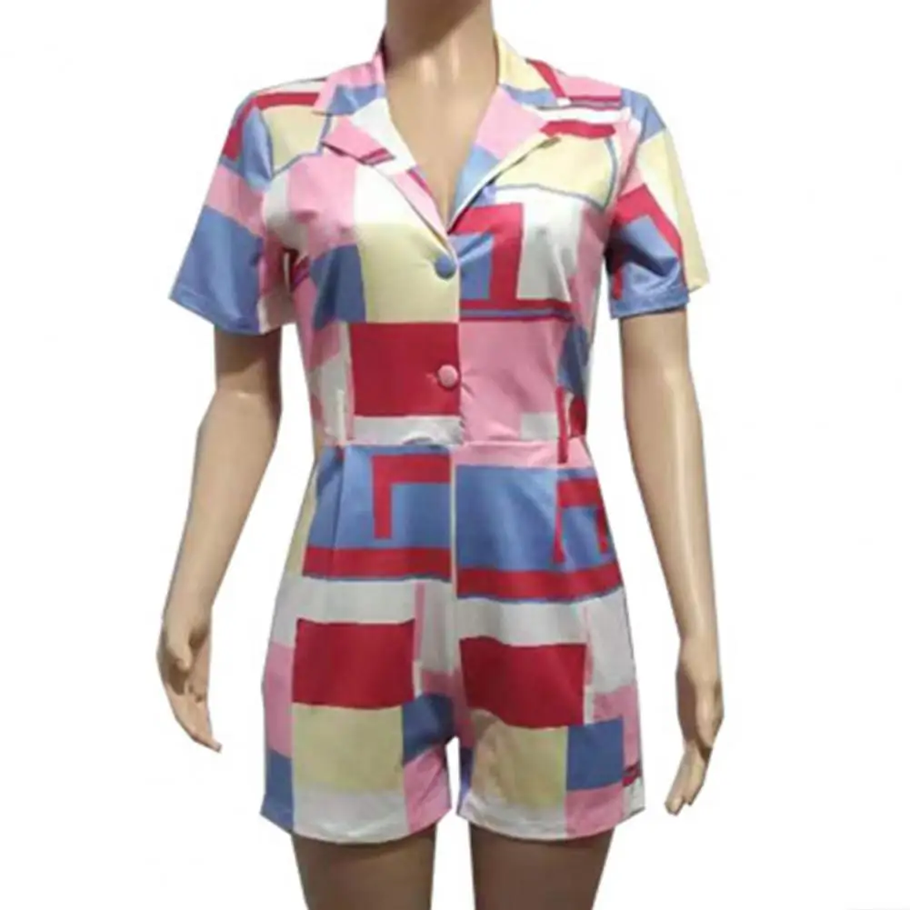

Eye-catching Print Rompers Women Short Sleeve Lapel Collar Playsuits and jumpsuits for Women Belt Bodysuits combinaison femme