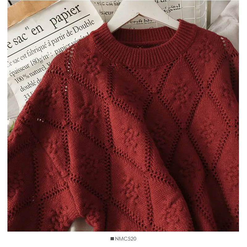 

New Round Neck Loose And Thin Solid Color Plaid Sweater Women's Autumn And Winter Hollow Out Long Sleeve Top