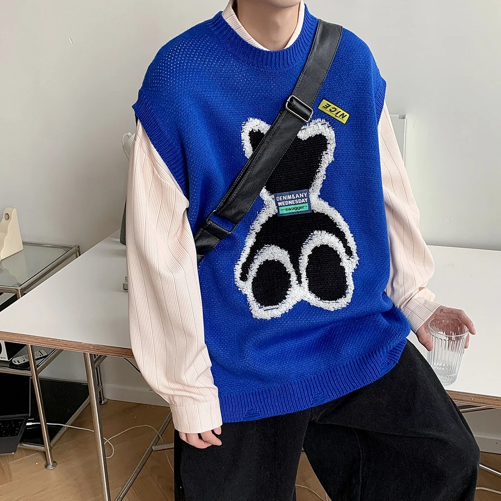 

Knitted Shirts Bear Pattern Streetwear Clothes Cashmere Sweaters Men Tops Korean Sweater Vest Men Youth Teen Sleeveless Sweater