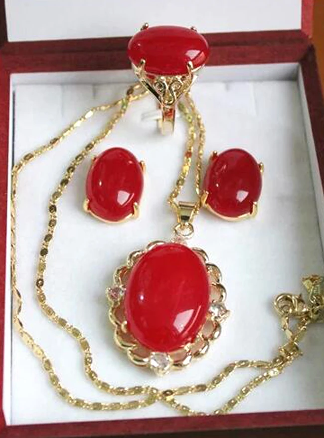 

Natural Tiger Eye red jade pendant necklace earring ring set Size:6# 7# 8# 9#