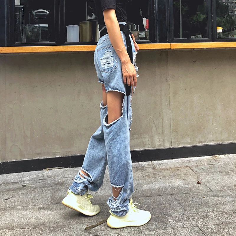 TWOTWINSTYLE Streetwear Ripped Hole Straight Denim Pants For Women High Waist Pants Female Fashion Clothes Summer New