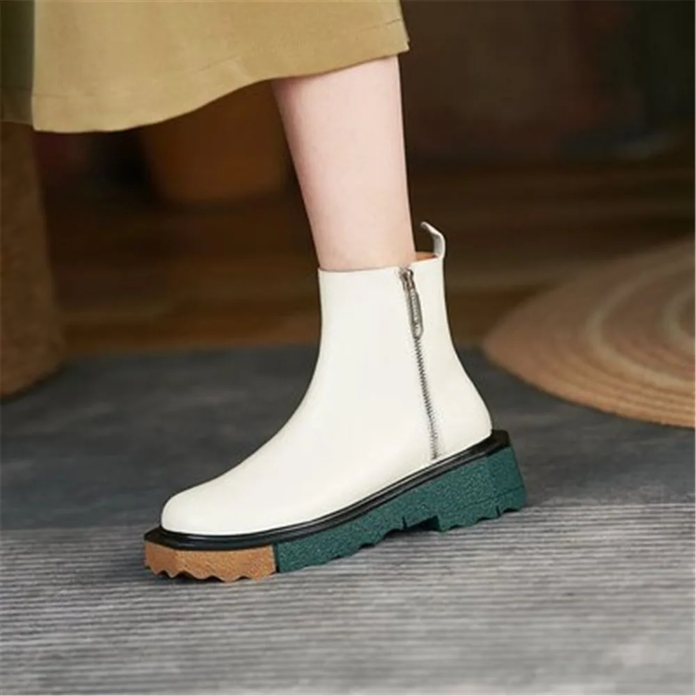 New Women Chelsea Booties Female Pu Leather Autumn Ankle Boots Ladies Fashion Round Toe Non-Slip Platform Side Zip Shoes 35-40