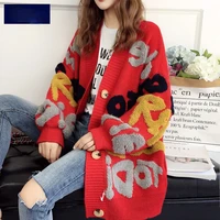 women letter print knitted sweater spring autumn new korean long sleeve single breasted thick fashion loose cardigan