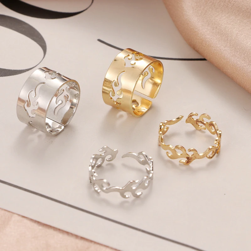 

2Pcs/Set Trendy Gold Silver Color Flame Rings For Women Men Lover Couple Rings Friendship Engagement Wedding Open Rings Jewelry