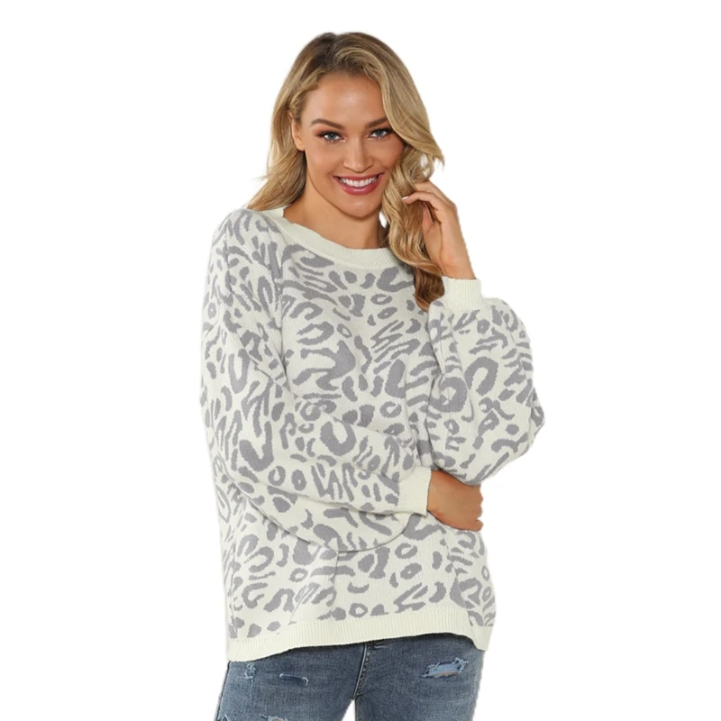 

Women Winter Autumn Crew Neck Knitted Sweater Casual Long Sleeve Leopard Print Pullover Tunic Tops Outwear