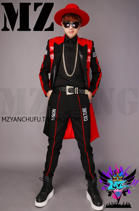 

The Free Shipping New Nightclub Singer Men Double-breasted Long Section Of Red And Black Letters Suit Costumes / S-3xl