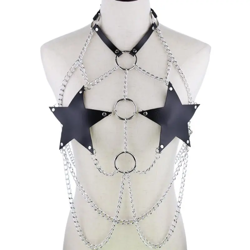 

Womens Rave Halter Body Harness Faux Leather Five-Pointed Star Chest Gothic Punk Metal Chain Belt Top Festival Costume Clubwear