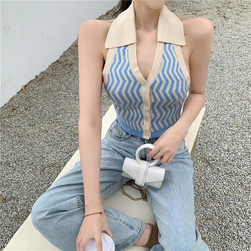 

Streetwear Front Buttons Camis Fashion Blue Wave Pattern Top Vintage Knitted Women Tank Top