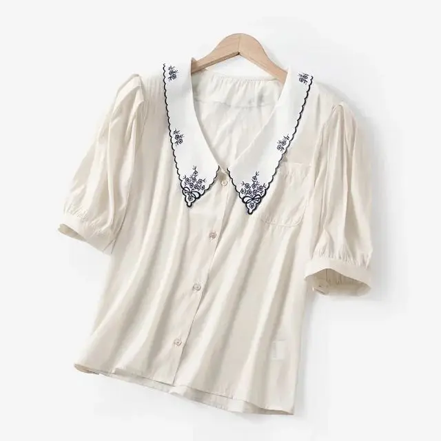 Женские рубашки 2020 ретро кукла воротник Цветочная вышивка ремесло пузырь рукав