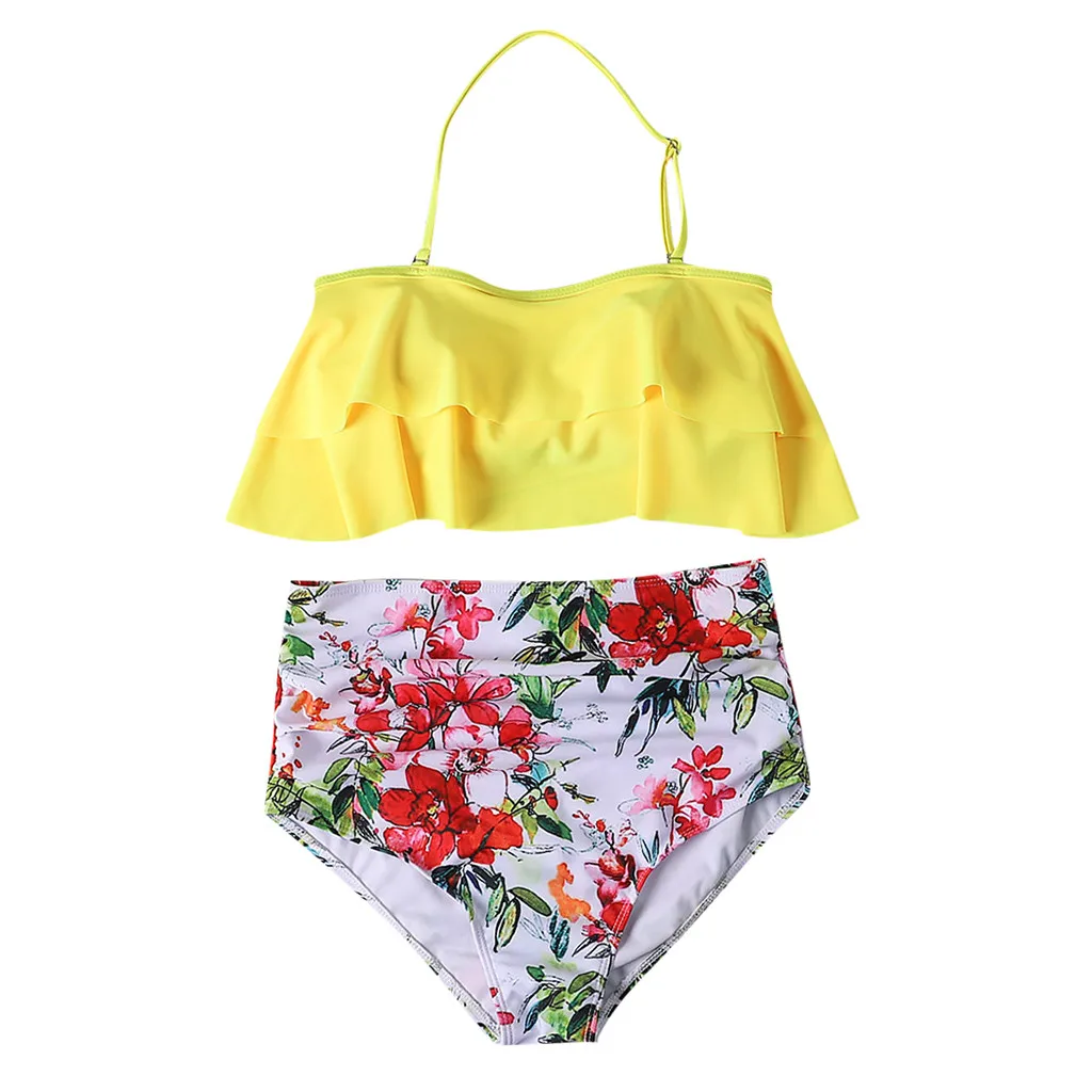 

Бикини с принтом, пляжная одежда, сексуальный женский купальник с высоким оборками, купальники с разрезом на талии, комплект танкини