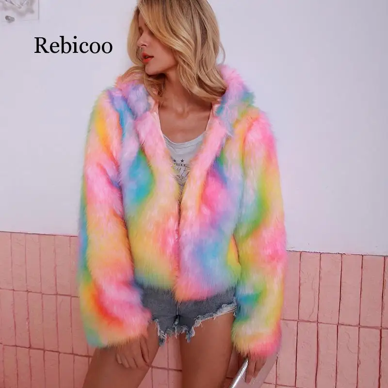Зимнее пальто Радужное с искусственным мехом женская меховая куртка ворсистый