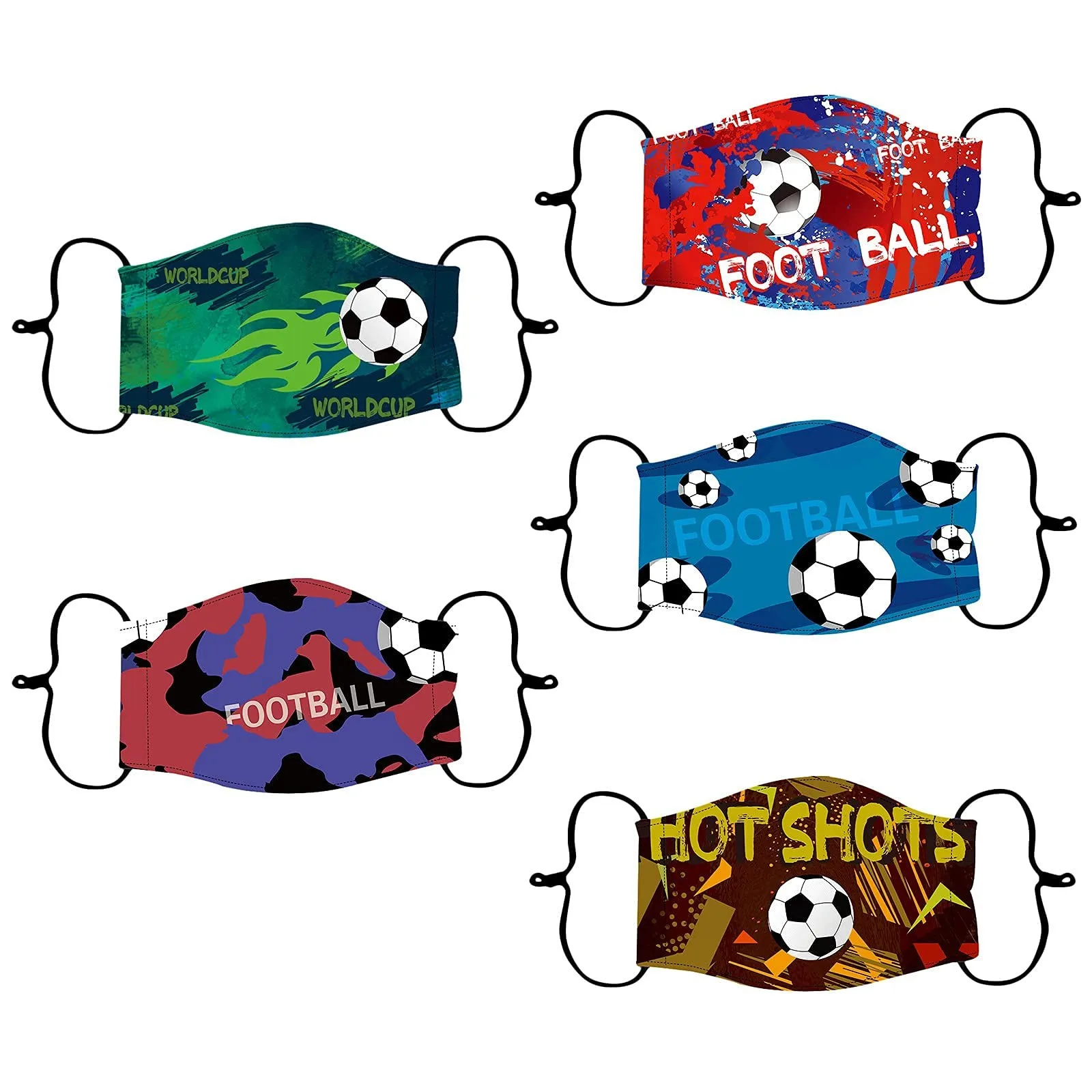Маска для лица с регулируемыми ушными петлями для детей, изготовленная из перерабатываемых материалов, с принтом футбольного мяча и рождественским дизайном.