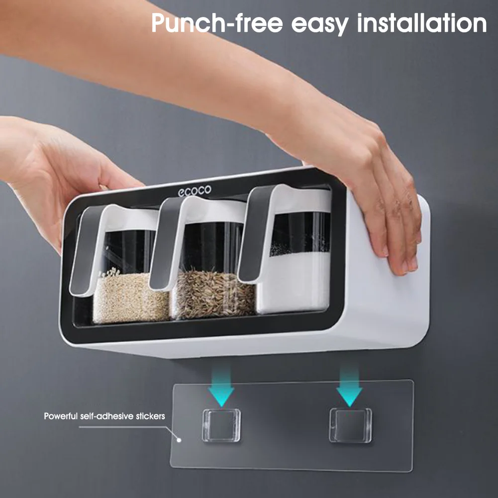 

Fashion Wall Mount Spice Rack Organizer Salt Shaker Seasoning Container Spice Boxes Sugar Bowl Spoons Kitchen Supplies Storage