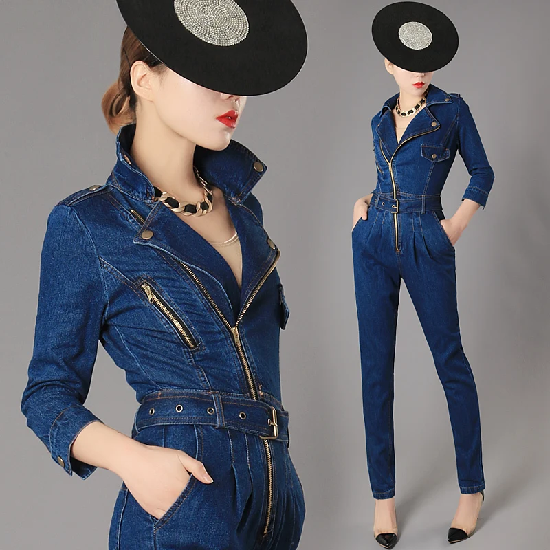 

Luxury Top Quality New Fashion Womens Zip Female Slim Fit Skinny Jeans Rompers Belted Denim Jumpsuits Size S-XL