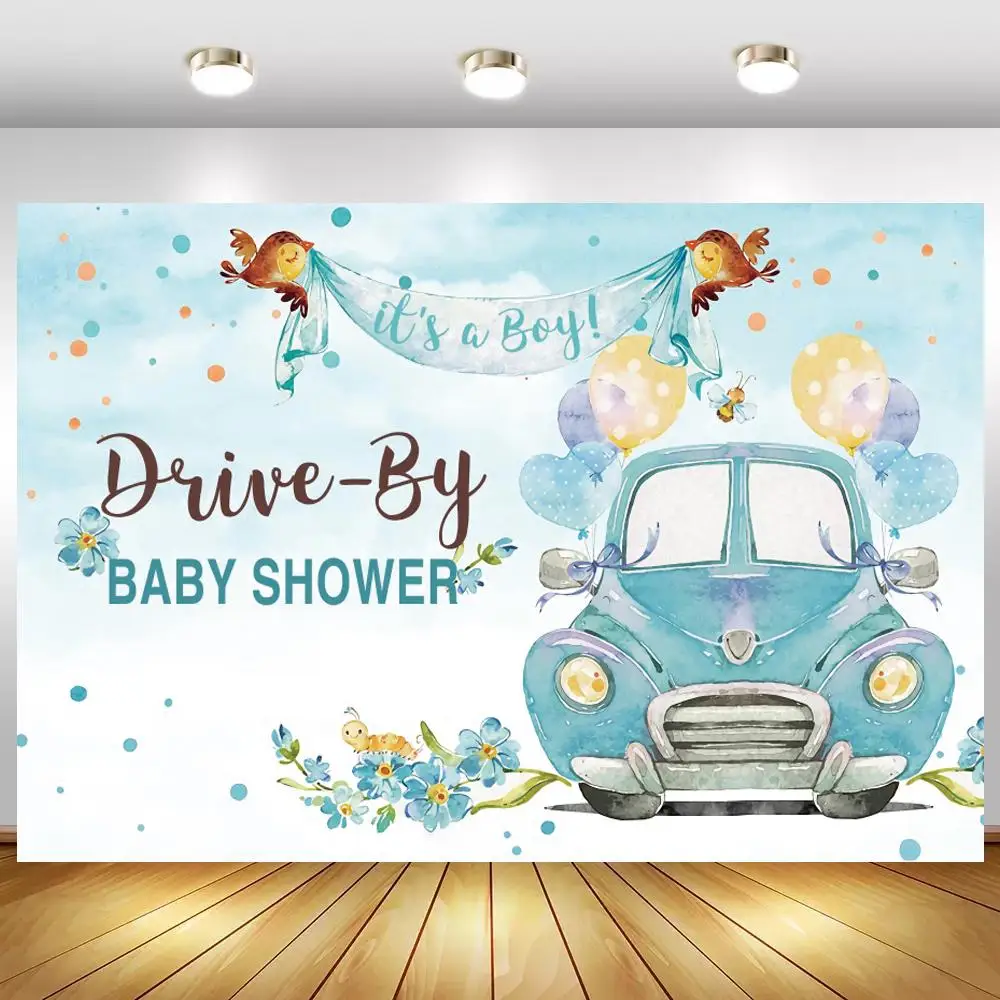 

Cartoon Blue Car With Balloons Baby Shower Backdrops Photographic Bird on Sky Boy Birthday Party Photo Backgrounds