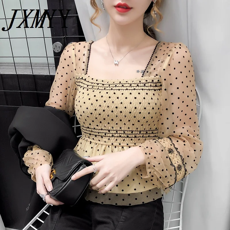 

JXMYY 2021 Осенняя мода темпераментная французская квадратная рубашка с воротником в горошек в западном стиле Женская приталенная дизайнерска...