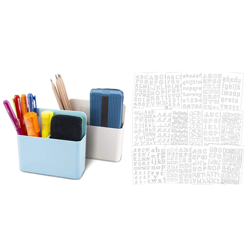 

2 Pcs Magnetic Pen Holder Adjustable Dry Erase Markers Organizer & 1 Set Letter and Number Stencils Alphabet Stencils