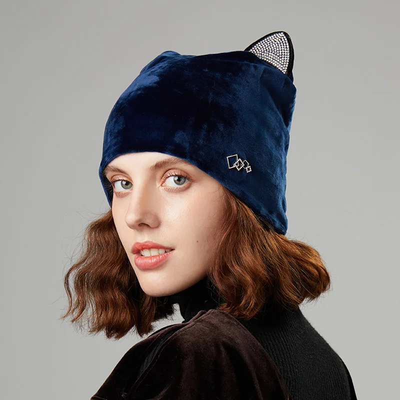 Зимняя женская шапка, s, милая шапочка с кошачьими ушками, Vogue, со стразами, чистый цвет, женские шапки, бренд, осень, для улицы, для девушек, бини, Повседневная шапка - Цвет: Тёмно-синий