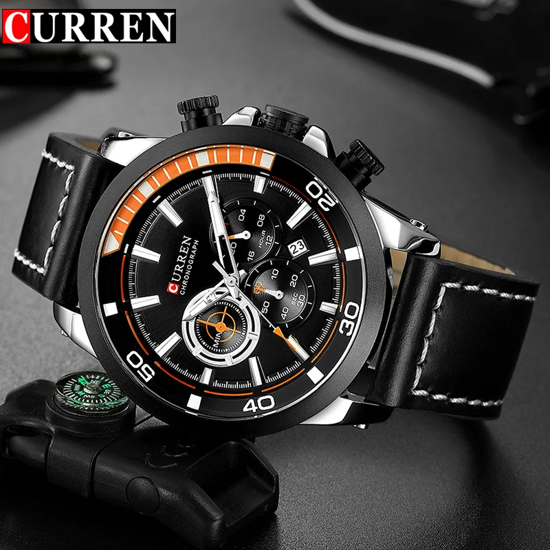 Спортивные кварцевые часы CURREN мужские Модные кожаные с хронографом военные