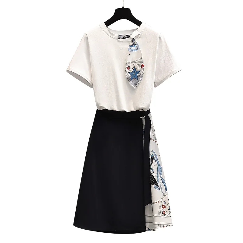 

Plus Size Women Dresses Summer 2021 New Fashion Fat MM Designer Brand White Short Sleeve Suit Black Patchwork Dress High Waist